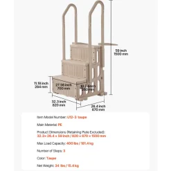 VEVOR Swimming Pool Ladder, 3-Step Double Handrails Stairs with Non-slip Heavy Duty Steps, Max Load Capacity 400 lbs, for 36-48 Inch Inground & Above-ground Pools of Any Decking Surface, Taupe