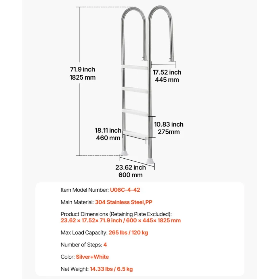 VEVOR Swimming Pool Ladder, 4-Step Double Handrails Stairs with Non-slip Heavy Duty Steps, Stainless Steel Load Capacity 265 lbs, for 54 In Inground Pools with Mounted Deck Board Indoor & Outdoor