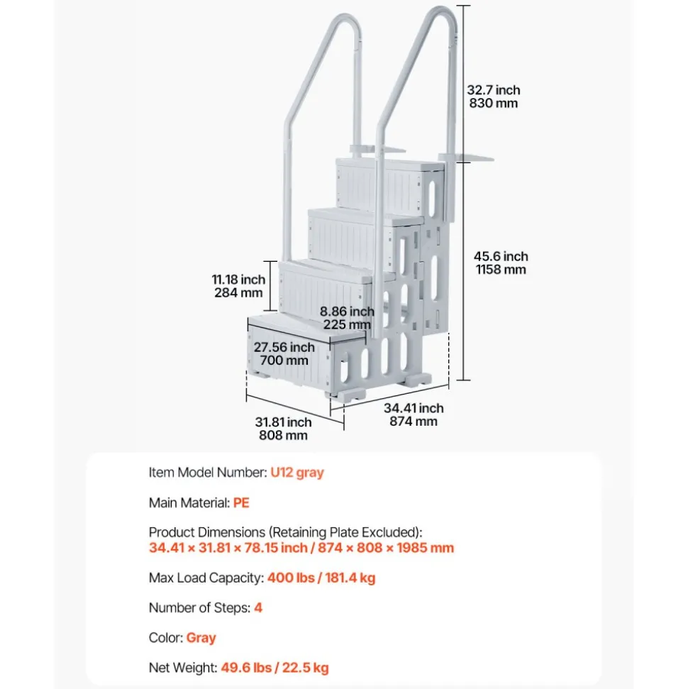 VEVOR Swimming Pool Ladder, 4-Step Double Handrails Stairs with Non-slip Heavy Duty Steps, Reliable 400 lbs Max Load Capacity, for 48-54 In Inground & Above-ground Pools of Any Decking Surface, Grey
