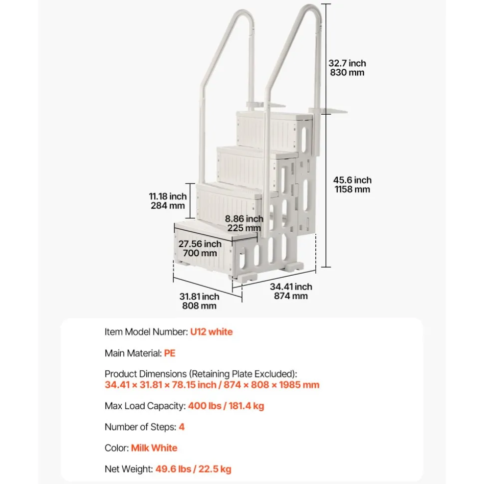 VEVOR Swimming Pool Ladder, 4-Step Double Handrails Stairs with Non-slip Heavy Duty Steps, Max Load Capacity 400 lbs, for 48-54 In Inground & Above-ground Pools of Any Decking Surface, Milk White