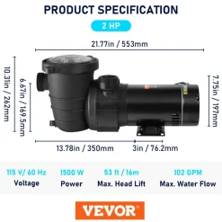 VEVOR Swimming Pool Pump 2.0HP 115V 1500W, Single Speed Pumps for Above Ground Pool, Powerful Pool Pumps with Strainer Basket, 5400 GPH Max. Flow, ETL Certification
