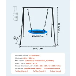 VEVOR Swing Set for Backyard, 40 in Saucer Swing Seat with Heavy Duty A-Frame Metal Stand, 440 lbs Load Capacity, Reinforced with Spiral Ground Anchors, Swingset Outdoor for Kids, Black and Blue