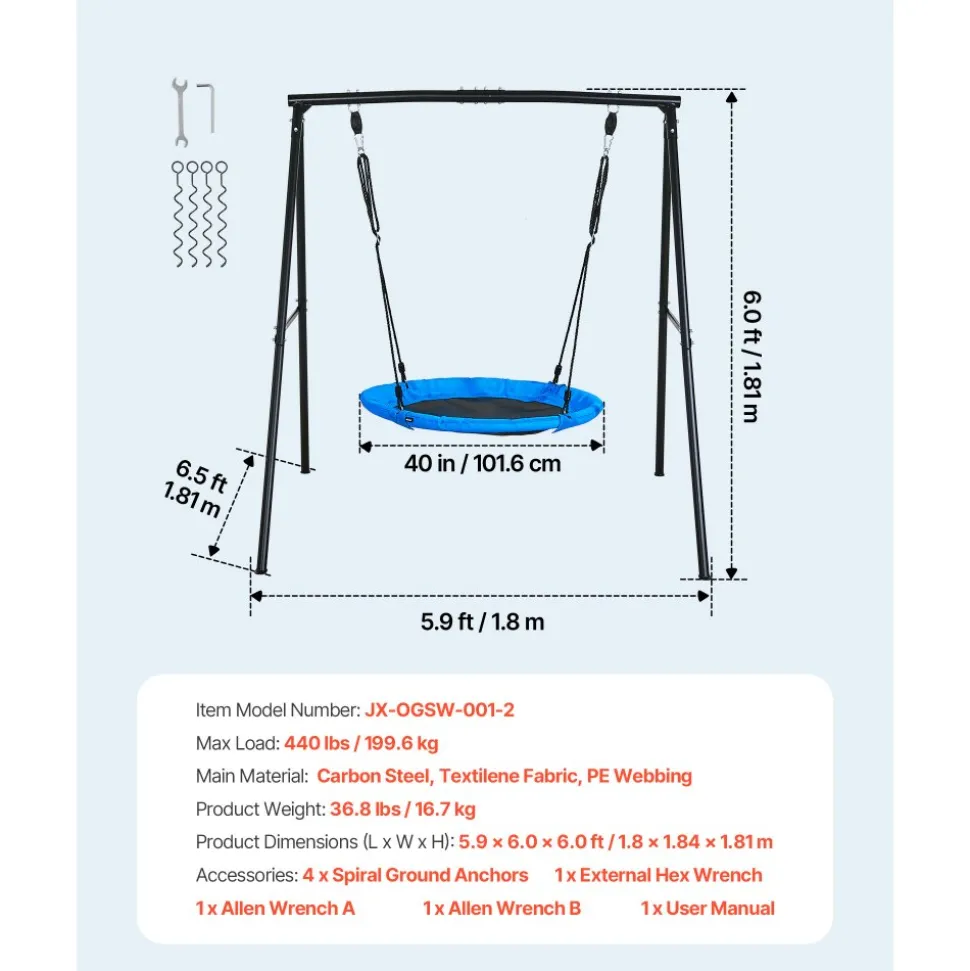 VEVOR Swing Set for Backyard, 40 in Saucer Swing Seat with Heavy Duty A-Frame Metal Stand, 440 lbs Load Capacity, Reinforced with Spiral Ground Anchors, Swingset Outdoor for Kids, Black and Blue