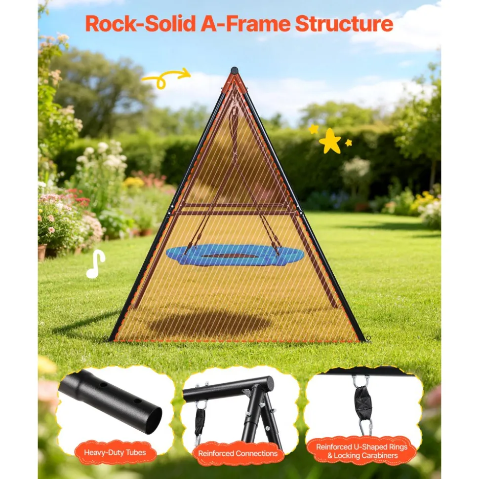 VEVOR Swing Set for Backyard, 40 in Saucer Swing Seat with Heavy Duty A-Frame Metal Stand, 440 lbs Load Capacity, Reinforced with Spiral Ground Anchors, Swingset Outdoor for Kids, Black and Blue