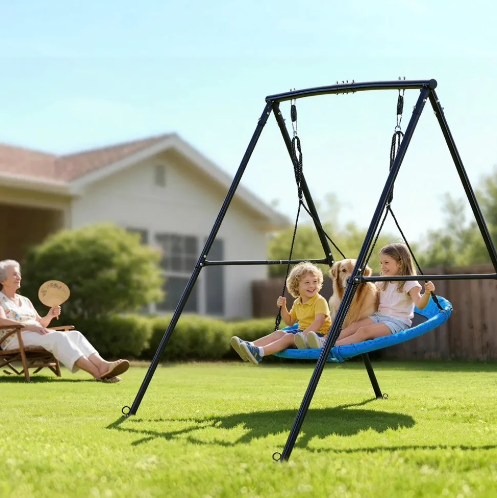 VEVOR Swing Set for Backyard, 40 in Saucer Swing Seat with Heavy Duty A-Frame Metal Stand, 440 lbs Load Capacity, Reinforced with Spiral Ground Anchors, Swingset Outdoor for Kids, Black and Blue
