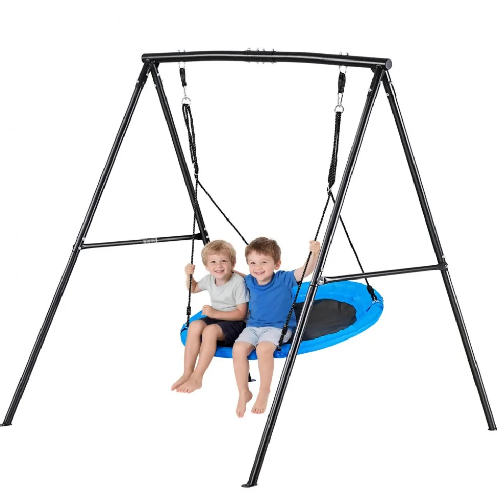 VEVOR Swing Set for Backyard, 40 in Saucer Swing Seat with Heavy Duty A-Frame Metal Stand, 440 lbs Load Capacity, Reinforced with Spiral Ground Anchors, Swingset Outdoor for Kids, Black and Blue