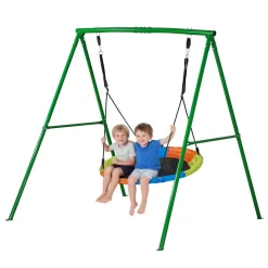 VEVOR Swing Set for Backyard, 32 in Saucer Swing Seat and Belt Seat, with Heavy Duty A-Frame Metal Stand, 440 lbs Load Capacity, Reinforced with Spiral Ground Anchors, Swingset Outdoor for Kids