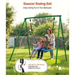 VEVOR Swing Set for Backyard, 32 in Saucer Swing Seat and Belt Seat, with Heavy Duty A-Frame Metal Stand, 440 lbs Load Capacity, Reinforced with Spiral Ground Anchors, Swingset Outdoor for Kids