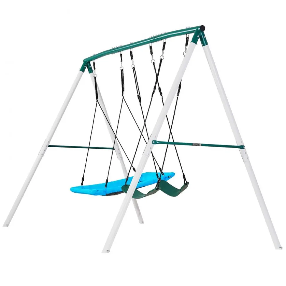VEVOR Swing Set for Backyard, 45 x 30 in Swing Seat and Two Belt Seats, with Heavy Duty A-Frame Metal Stand, 700 lbs Load Capacity, Reinforced with Spiral Ground Anchors, Swingset Outdoor for Kids
