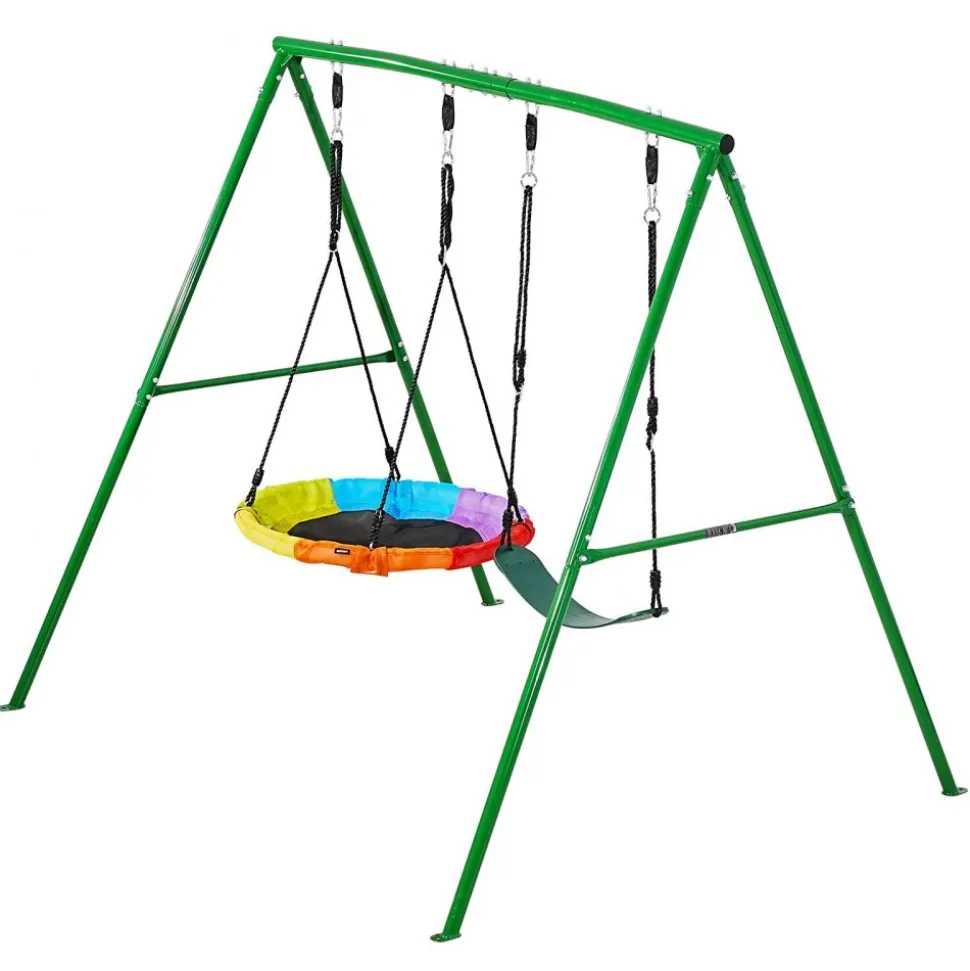 VEVOR Swing Set for Backyard, 45 x 30 in Swing Seat and Two Belt Seats, with Heavy Duty A-Frame Metal Stand, 700 lbs Load Capacity, Reinforced with Spiral Ground Anchors, Swingset Outdoor for Kids