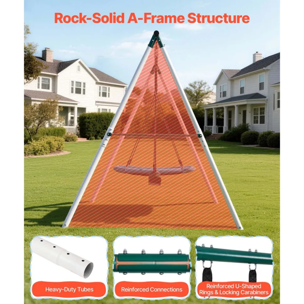 VEVOR Swing Set for Backyard, 45 x 30 in Swing Seat and Two Belt Seats, with Heavy Duty A-Frame Metal Stand, 700 lbs Load Capacity, Reinforced with Spiral Ground Anchors, Swingset Outdoor for Kids