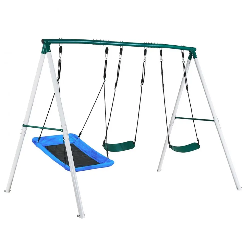 VEVOR Swing Set for Backyard, 45 x 30 in Swing Seat and Two Belt Seats, with Heavy Duty A-Frame Metal Stand, 700 lbs Load Capacity, Reinforced with Spiral Ground Anchors, Swingset Outdoor for Kids