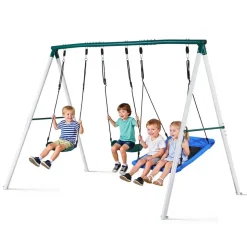 VEVOR Swing Set for Backyard, 45 x 30 in Swing Seat and Two Belt Seats, with Heavy Duty A-Frame Metal Stand, 700 lbs Load Capacity, Reinforced with Spiral Ground Anchors, Swingset Outdoor for Kids