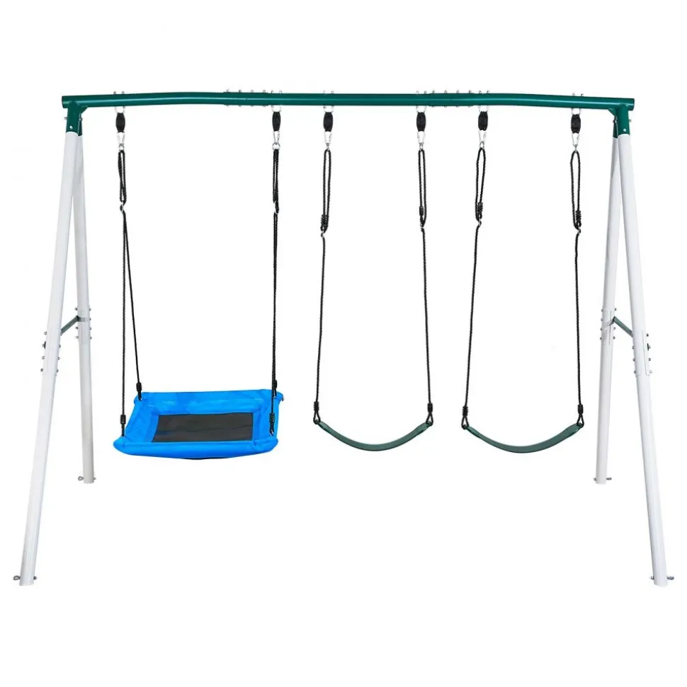 VEVOR Swing Set for Backyard, 45 x 30 in Swing Seat and Two Belt Seats, with Heavy Duty A-Frame Metal Stand, 700 lbs Load Capacity, Reinforced with Spiral Ground Anchors, Swingset Outdoor for Kids