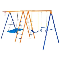 VEVOR Swing Sets for Backyard, 6 in 1 Swing Set with 2 Swings, Trapeze Bar, Climbing Ladder, Climbing Net, and Basketball Hoop, 440lbs Load Capacity Heavy-Duty Metal Swingset Outdoor for Kids Ages 3+