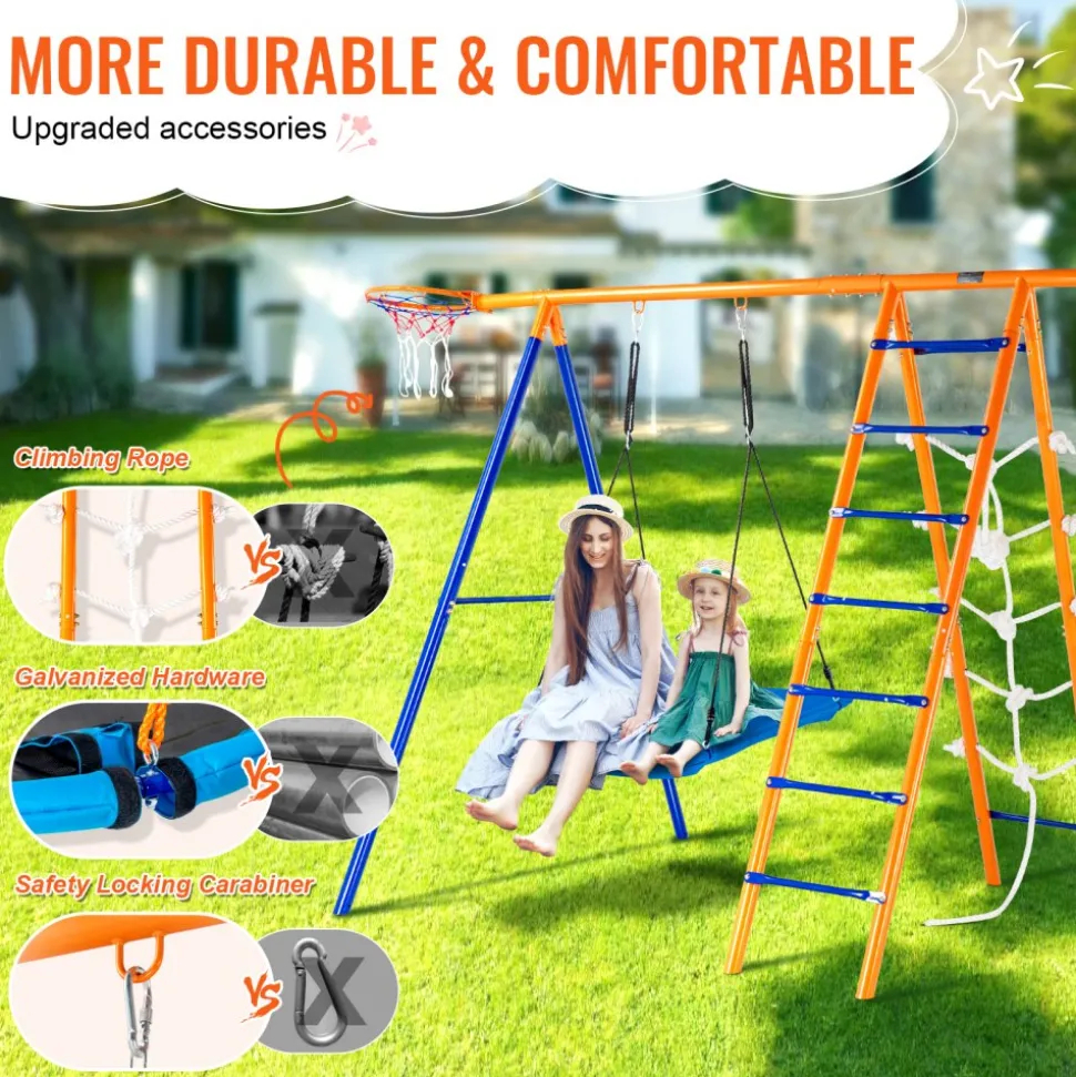 VEVOR Swing Sets for Backyard, 6 in 1 Swing Set with 2 Swings, Trapeze Bar, Climbing Ladder, Climbing Net, and Basketball Hoop, 440lbs Load Capacity Heavy-Duty Metal Swingset Outdoor for Kids Ages 3+