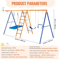 VEVOR Swing Sets for Backyard, 6 in 1 Swing Set with 2 Swings, Trapeze Bar, Climbing Ladder, Climbing Net, and Basketball Hoop, 440lbs Load Capacity Heavy-Duty Metal Swingset Outdoor for Kids Ages 3+