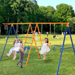 VEVOR Swing Sets for Backyard, 6 in 1 Swing Set with 2 Swings, Trapeze Bar, Climbing Ladder, Climbing Net, and Basketball Hoop, 440lbs Load Capacity Heavy-Duty Metal Swingset Outdoor for Kids Ages 3+