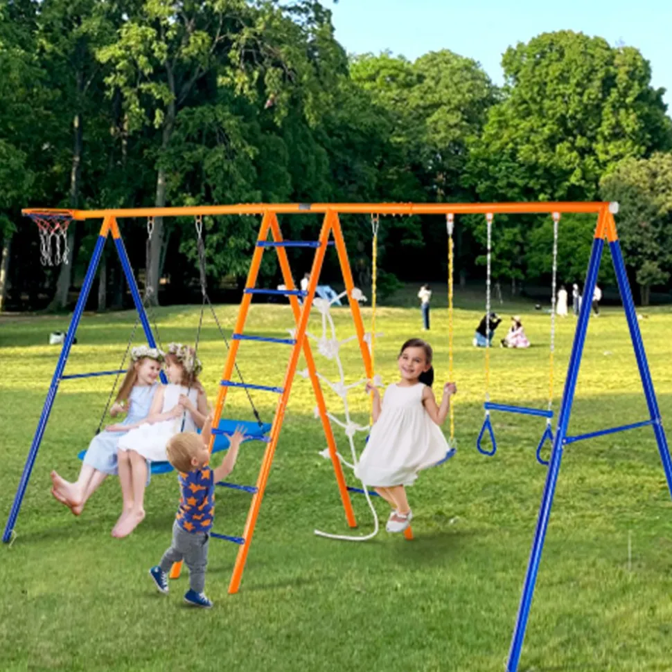 VEVOR Swing Sets for Backyard, 6 in 1 Swing Set with 2 Swings, Trapeze Bar, Climbing Ladder, Climbing Net, and Basketball Hoop, 440lbs Load Capacity Heavy-Duty Metal Swingset Outdoor for Kids Ages 3+