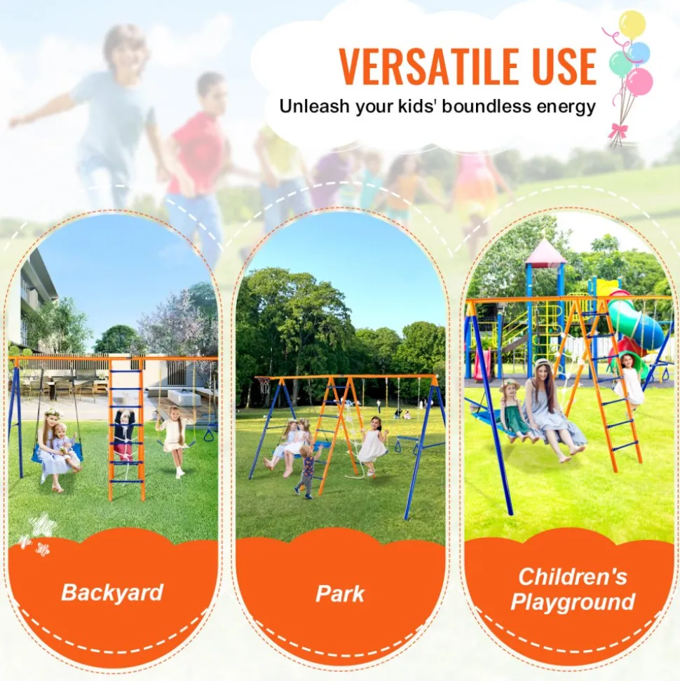 VEVOR Swing Sets for Backyard, 6 in 1 Swing Set with 2 Swings, Trapeze Bar, Climbing Ladder, Climbing Net, and Basketball Hoop, 440lbs Load Capacity Heavy-Duty Metal Swingset Outdoor for Kids Ages 3+