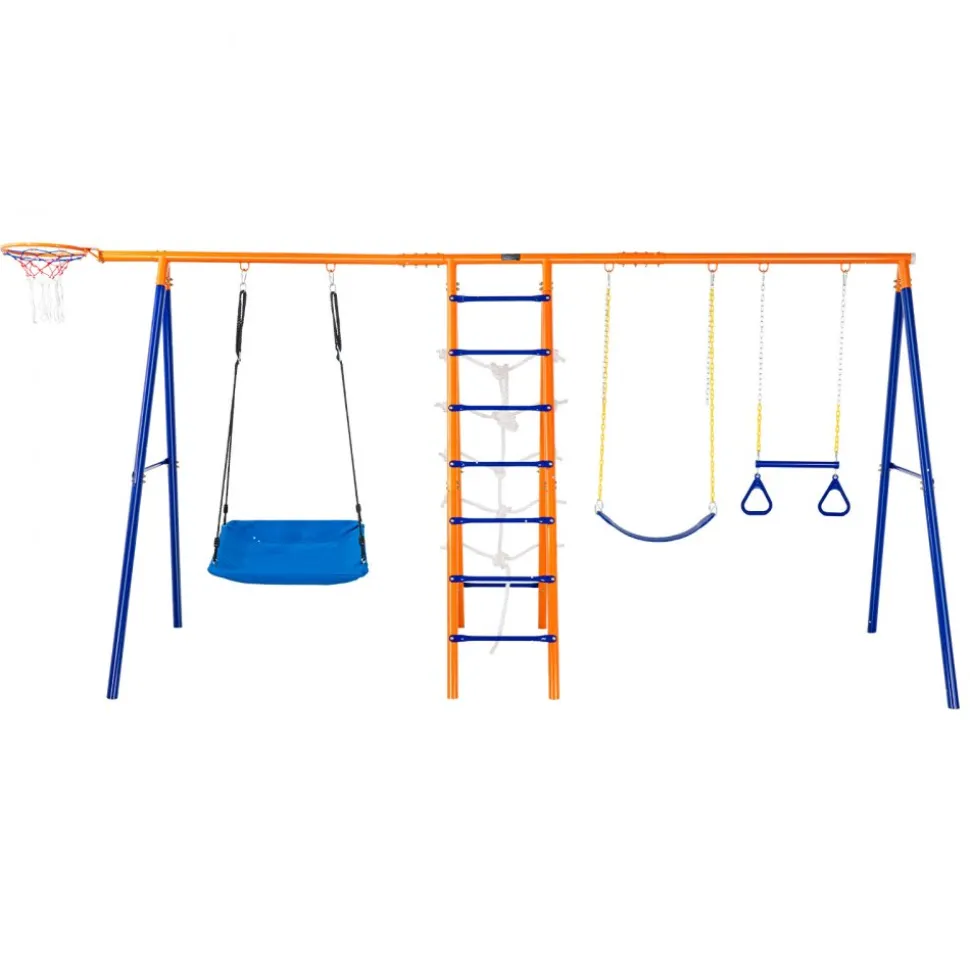 VEVOR Swing Sets for Backyard, 6 in 1 Swing Set with 2 Swings, Trapeze Bar, Climbing Ladder, Climbing Net, and Basketball Hoop, 440lbs Load Capacity Heavy-Duty Metal Swingset Outdoor for Kids Ages 3+