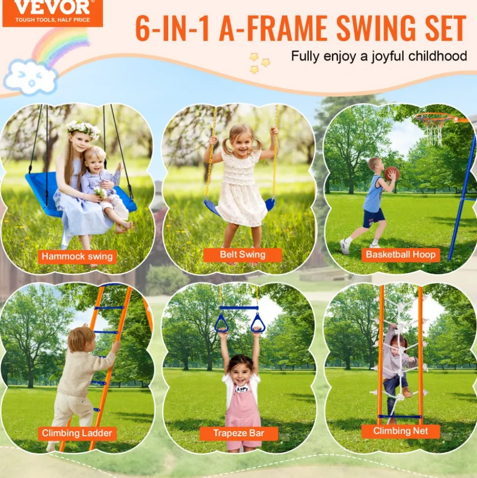 VEVOR Swing Sets for Backyard, 6 in 1 Swing Set with 2 Swings, Trapeze Bar, Climbing Ladder, Climbing Net, and Basketball Hoop, 440lbs Load Capacity Heavy-Duty Metal Swingset Outdoor for Kids Ages 3+