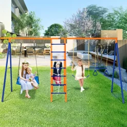 VEVOR Swing Sets for Backyard, 6 in 1 Swing Set with 2 Swings, Trapeze Bar, Climbing Ladder, Climbing Net, and Basketball Hoop, 440lbs Load Capacity Heavy-Duty Metal Swingset Outdoor for Kids Ages 3+