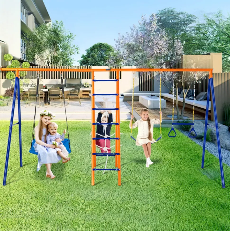 VEVOR Swing Sets for Backyard, 6 in 1 Swing Set with 2 Swings, Trapeze Bar, Climbing Ladder, Climbing Net, and Basketball Hoop, 440lbs Load Capacity Heavy-Duty Metal Swingset Outdoor for Kids Ages 3+