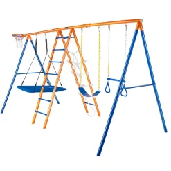 VEVOR Swing Sets for Backyard, 6 in 1 Swing Set with 2 Swings, Trapeze Bar, Climbing Ladder, Climbing Net, and Basketball Hoop, 440lbs Load Capacity Heavy-Duty Metal Swingset Outdoor for Kids Ages 3+