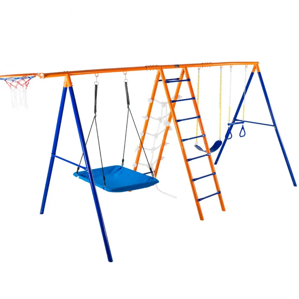VEVOR Swing Sets for Backyard, 6 in 1 Swing Set with 2 Swings, Trapeze Bar, Climbing Ladder, Climbing Net, and Basketball Hoop, 440lbs Load Capacity Heavy-Duty Metal Swingset Outdoor for Kids Ages 3+