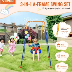 VEVOR Swing Sets for Backyard, 3-in-1 Toddler Swing Set with 4 Sandbags, Foldable Metal Stand, Easy to Assemble, Swingset Indoor/Outdoor for Kids 3-6 Years, Youth 6-10 Years and Teenagers 10+