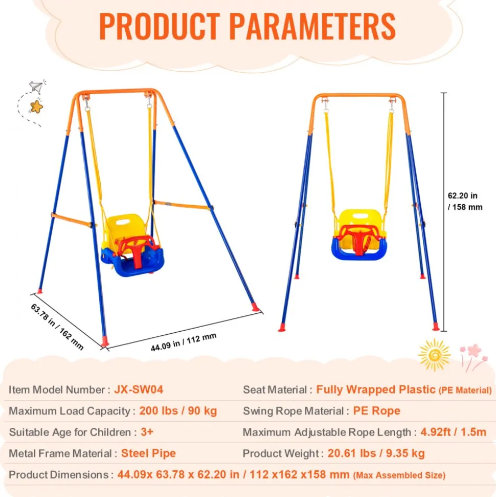 VEVOR Swing Sets for Backyard, 3-in-1 Toddler Swing Set with 4 Sandbags, Foldable Metal Stand, Easy to Assemble, Swingset Indoor/Outdoor for Kids 3-6 Years, Youth 6-10 Years and Teenagers 10+