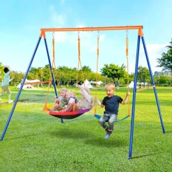 VEVOR Swing Sets for Backyard, 440lbs Load Capacity Swing Set, with 1 Saucer Swing Seat, 1 Belt Swing Seat, Heavy Duty A-Frame Metal Swing Stand and Adjustable Rope, Swingset Outdoor for Kids