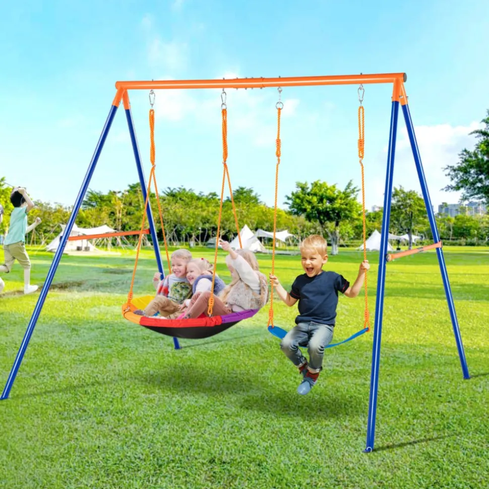 VEVOR Swing Sets for Backyard, 440lbs Load Capacity Swing Set, with 1 Saucer Swing Seat, 1 Belt Swing Seat, Heavy Duty A-Frame Metal Swing Stand and Adjustable Rope, Swingset Outdoor for Kids