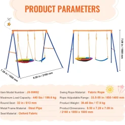 VEVOR Swing Sets for Backyard, 440lbs Load Capacity Swing Set, with 1 Saucer Swing Seat, 1 Belt Swing Seat, Heavy Duty A-Frame Metal Swing Stand and Adjustable Rope, Swingset Outdoor for Kids