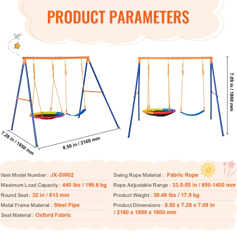 VEVOR Swing Sets for Backyard, 440lbs Load Capacity Swing Set, with 1 Saucer Swing Seat, 1 Belt Swing Seat, Heavy Duty A-Frame Metal Swing Stand and Adjustable Rope, Swingset Outdoor for Kids