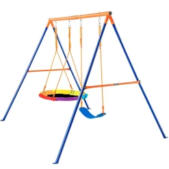 VEVOR Swing Sets for Backyard, 440lbs Load Capacity Swing Set, with 1 Saucer Swing Seat, 1 Belt Swing Seat, Heavy Duty A-Frame Metal Swing Stand and Adjustable Rope, Swingset Outdoor for Kids