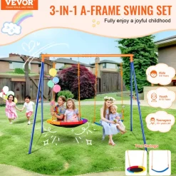 VEVOR Swing Sets for Backyard, 440lbs Load Capacity Swing Set, with 1 Saucer Swing Seat, 1 Belt Swing Seat, Heavy Duty A-Frame Metal Swing Stand and Adjustable Rope, Swingset Outdoor for Kids
