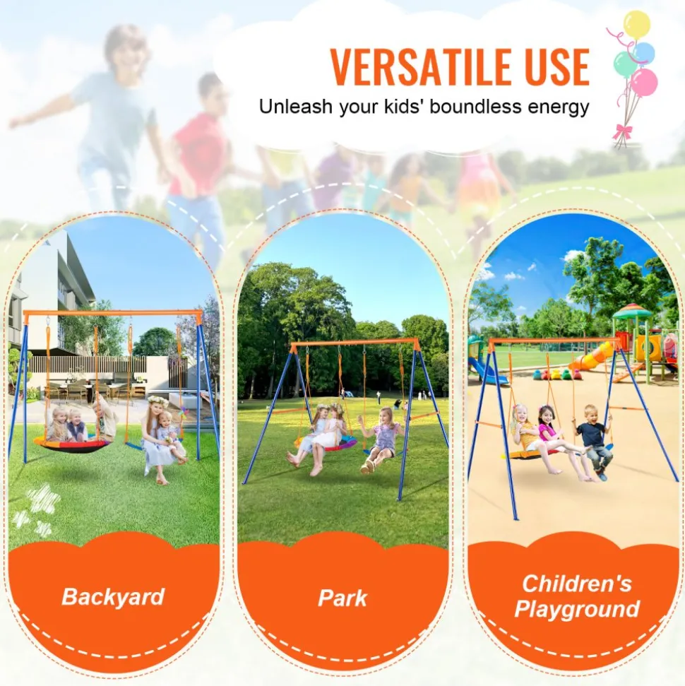 VEVOR Swing Sets for Backyard, 440lbs Load Capacity Swing Set, with 1 Saucer Swing Seat, 1 Belt Swing Seat, Heavy Duty A-Frame Metal Swing Stand and Adjustable Rope, Swingset Outdoor for Kids