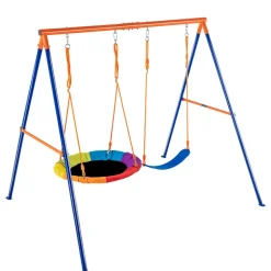 VEVOR Swing Sets for Backyard, 440lbs Load Capacity Swing Set, with 1 Saucer Swing Seat, 1 Belt Swing Seat, Heavy Duty A-Frame Metal Swing Stand and Adjustable Rope, Swingset Outdoor for Kids