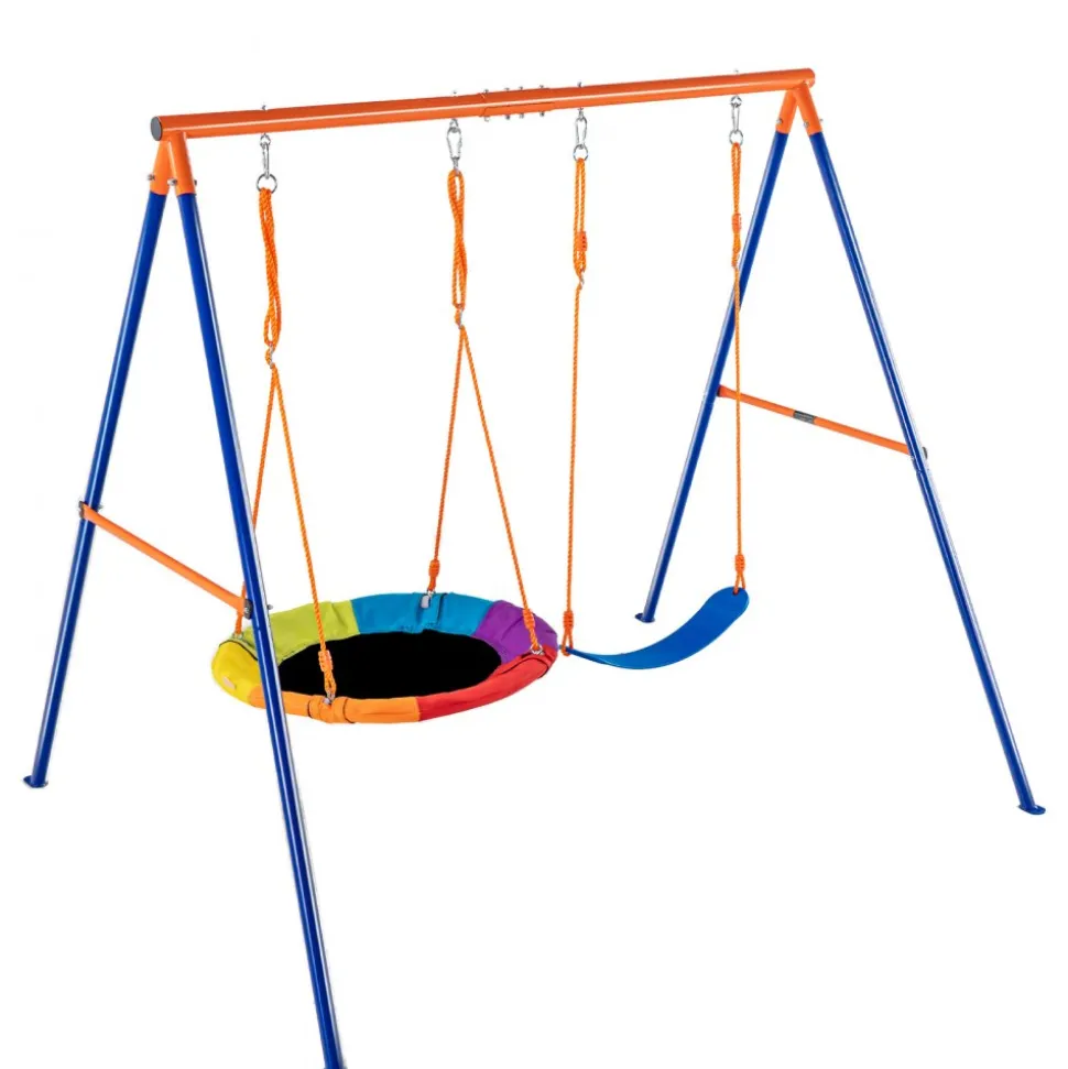 VEVOR Swing Sets for Backyard, 440lbs Load Capacity Swing Set, with 1 Saucer Swing Seat, 1 Belt Swing Seat, Heavy Duty A-Frame Metal Swing Stand and Adjustable Rope, Swingset Outdoor for Kids