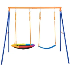 VEVOR Swing Sets for Backyard, 440lbs Load Capacity Swing Set, with 1 Saucer Swing Seat, 1 Belt Swing Seat, Heavy Duty A-Frame Metal Swing Stand and Adjustable Rope, Swingset Outdoor for Kids