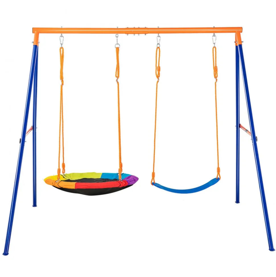VEVOR Swing Sets for Backyard, 440lbs Load Capacity Swing Set, with 1 Saucer Swing Seat, 1 Belt Swing Seat, Heavy Duty A-Frame Metal Swing Stand and Adjustable Rope, Swingset Outdoor for Kids
