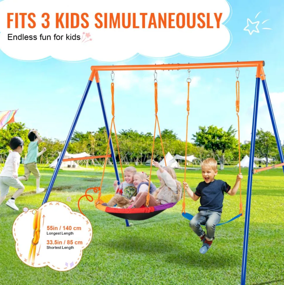 VEVOR Swing Sets for Backyard, 440lbs Load Capacity Swing Set, with 1 Saucer Swing Seat, 1 Belt Swing Seat, Heavy Duty A-Frame Metal Swing Stand and Adjustable Rope, Swingset Outdoor for Kids