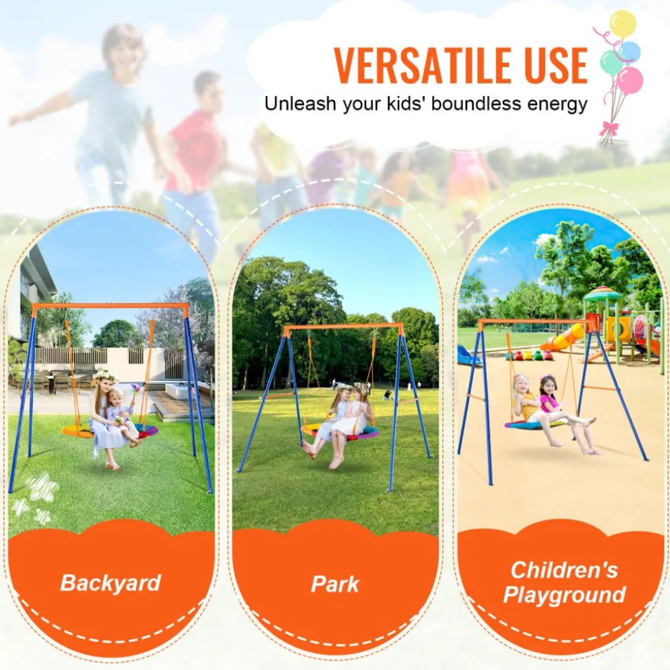 VEVOR Swing Sets for Backyard, 440lbs Load Capacity Swing Set, 40" Saucer Swing Seat with Heavy Duty A-Frame Metal Swing Stand and Adjustable Rope, Easy to Assemble, Swingset Outdoor for Kids