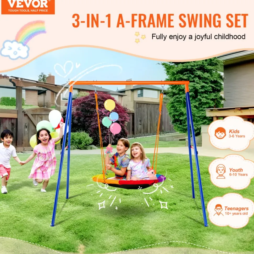 VEVOR Swing Sets for Backyard, 440lbs Load Capacity Swing Set, 40" Saucer Swing Seat with Heavy Duty A-Frame Metal Swing Stand and Adjustable Rope, Easy to Assemble, Swingset Outdoor for Kids