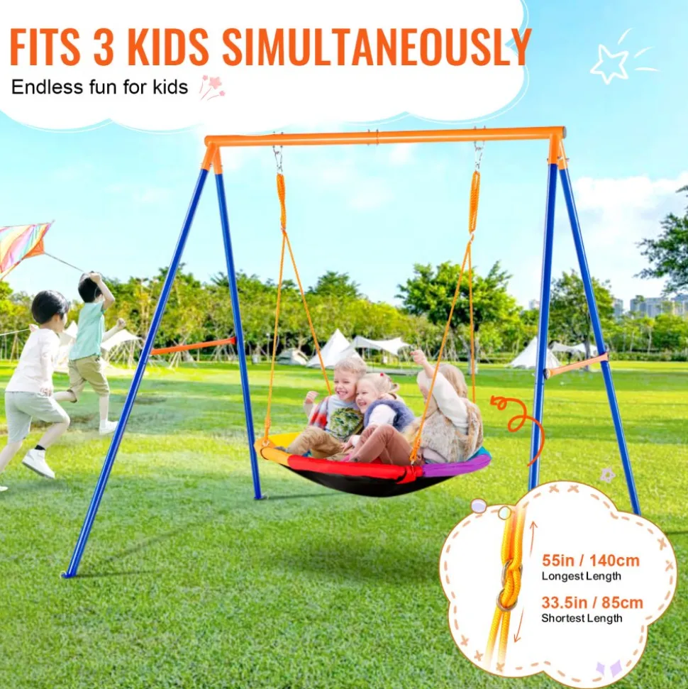 VEVOR Swing Sets for Backyard, 440lbs Load Capacity Swing Set, 40" Saucer Swing Seat with Heavy Duty A-Frame Metal Swing Stand and Adjustable Rope, Easy to Assemble, Swingset Outdoor for Kids