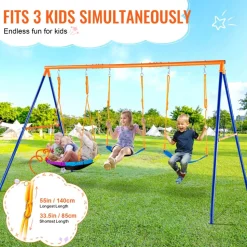 VEVOR Swing Sets for Backyard, 600lbs Load Capacity Swing Set, with 1 Saucer Swing Seat, 2 Belt Swing Seats, Heavy Duty A-Frame Metal Swing Stand and Adjustable Rope, Swingset Outdoor for Kids