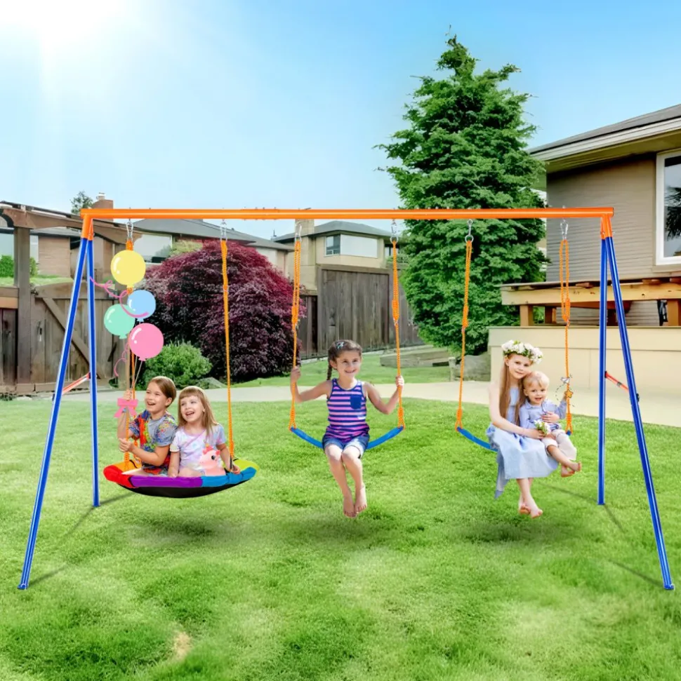 VEVOR Swing Sets for Backyard, 600lbs Load Capacity Swing Set, with 1 Saucer Swing Seat, 2 Belt Swing Seats, Heavy Duty A-Frame Metal Swing Stand and Adjustable Rope, Swingset Outdoor for Kids