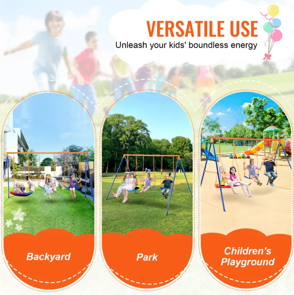 VEVOR Swing Sets for Backyard, 600lbs Load Capacity Swing Set, with 1 Saucer Swing Seat, 2 Belt Swing Seats, Heavy Duty A-Frame Metal Swing Stand and Adjustable Rope, Swingset Outdoor for Kids